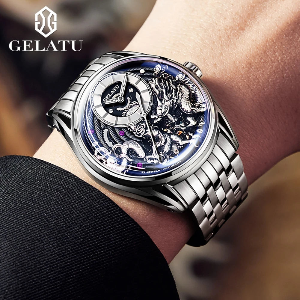 GELATU Automatic Dragon Watch for Men TOP Brand Hollow out Stainless steel Luminous Waterproof Sapphire Mirror Men's Wristwatch