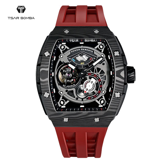 Mechanical Watches Mens Carbon Fiber TSAR BOMBA Automatic Sapphire Skeleton Tonneau Design Luxury Wristwatch for Man