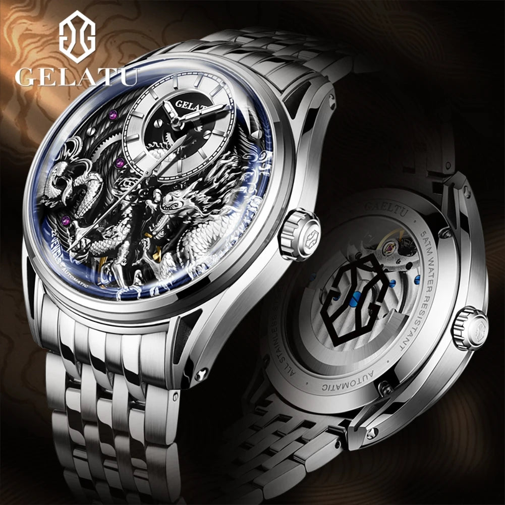 GELATU Automatic Dragon Watch for Men TOP Brand Hollow out Stainless steel Luminous Waterproof Sapphire Mirror Men's Wristwatch