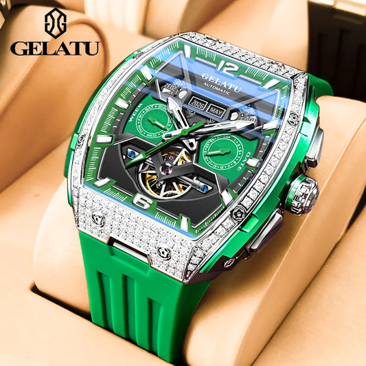 GELATU High Quality Tonneau Men's Watches Waterproof Hollow out Automatic Mechanical Male Watch Silicone Adhesive Tape Original