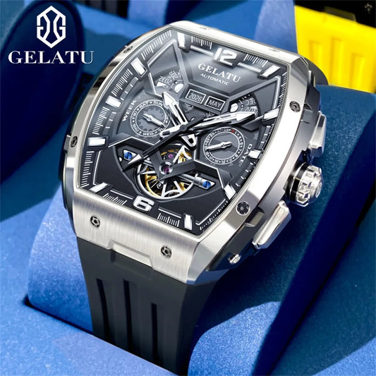 GELATU Luxury Men's Mechanical Watch Multifunctional Calendar Skeleton Design Luminous 50 Meters Waterproof Big Dial Wristwatch