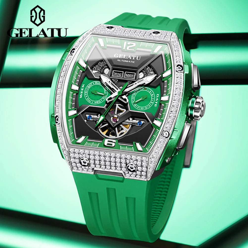 GELATU High Quality Tonneau Men's Watches Waterproof Hollow out Automatic Mechanical Male Watch Silicone Adhesive Tape Original